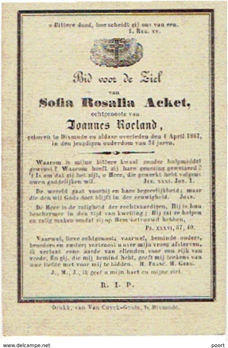 DIKSMUIDE - Sofia ACKET - (echtgen. J. Roeland) - Overleden 1867 - Santini