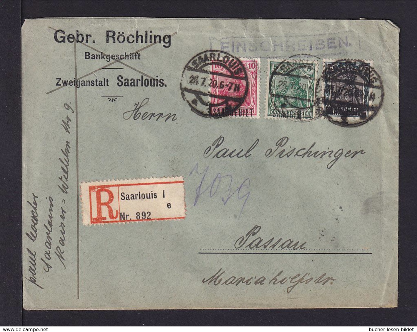 1920 - 3 Überdrucke Auf Einschreibbrief Ab Saarlouis Nach Passau - Lettres & Documents