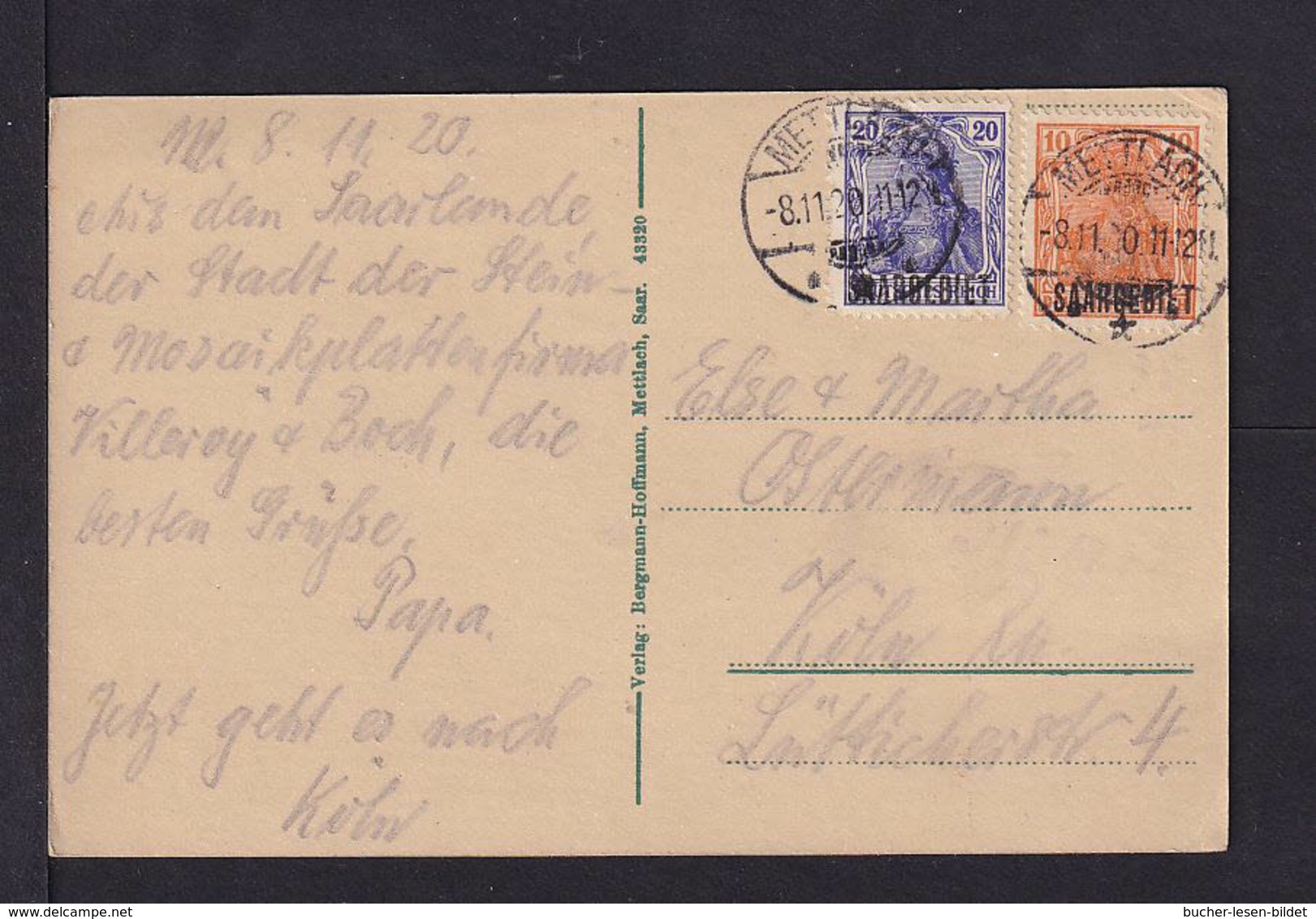1920 - 10 Und 20 Pf. Überdrucke Auf Karte Ab Mettlach Nach Köln - Lettres & Documents