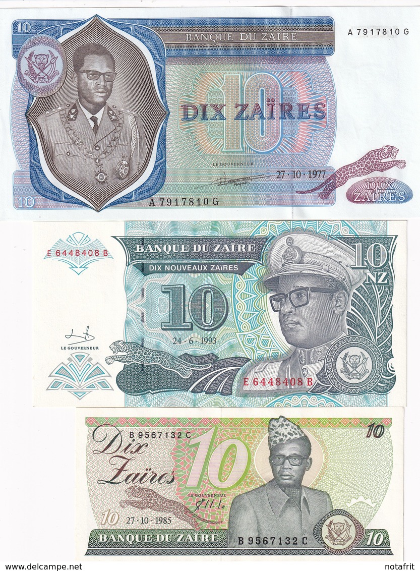 ZAire  3 X 10 Zaire  1977  1985  1993  All UNC - Autres - Afrique