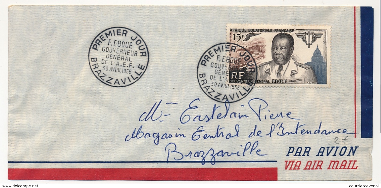 A.E.F. - Enveloppe Affr 15F Gouverneur Général Eboué - Premier Jour - Brazzaville - 1955 - Covers & Documents