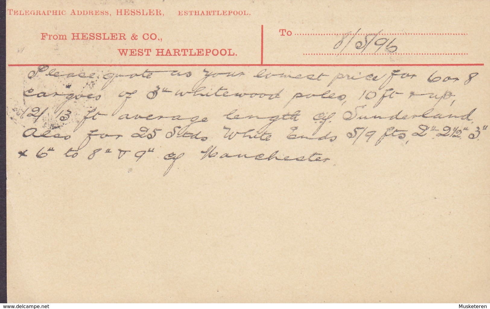 Great Britain Postal Stationery Ganzsache PRIVATE Print HESSLER & Co., WEST HARTLEPOOL 1896 DRAMMEN (Arr.) Norway - Lettres & Documents