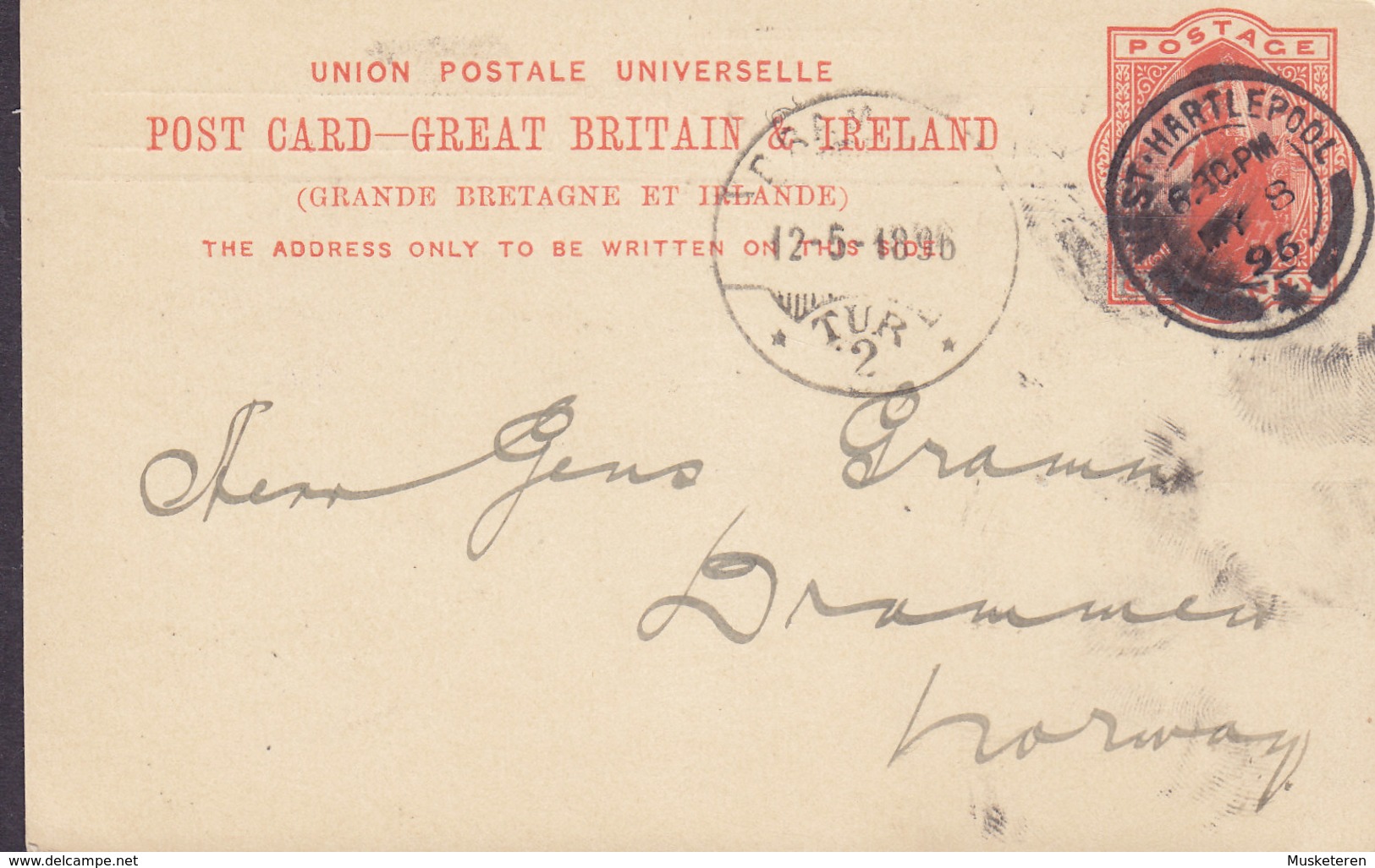 Great Britain Postal Stationery Ganzsache PRIVATE Print HESSLER & Co., WEST HARTLEPOOL 1896 DRAMMEN (Arr.) Norway - Storia Postale