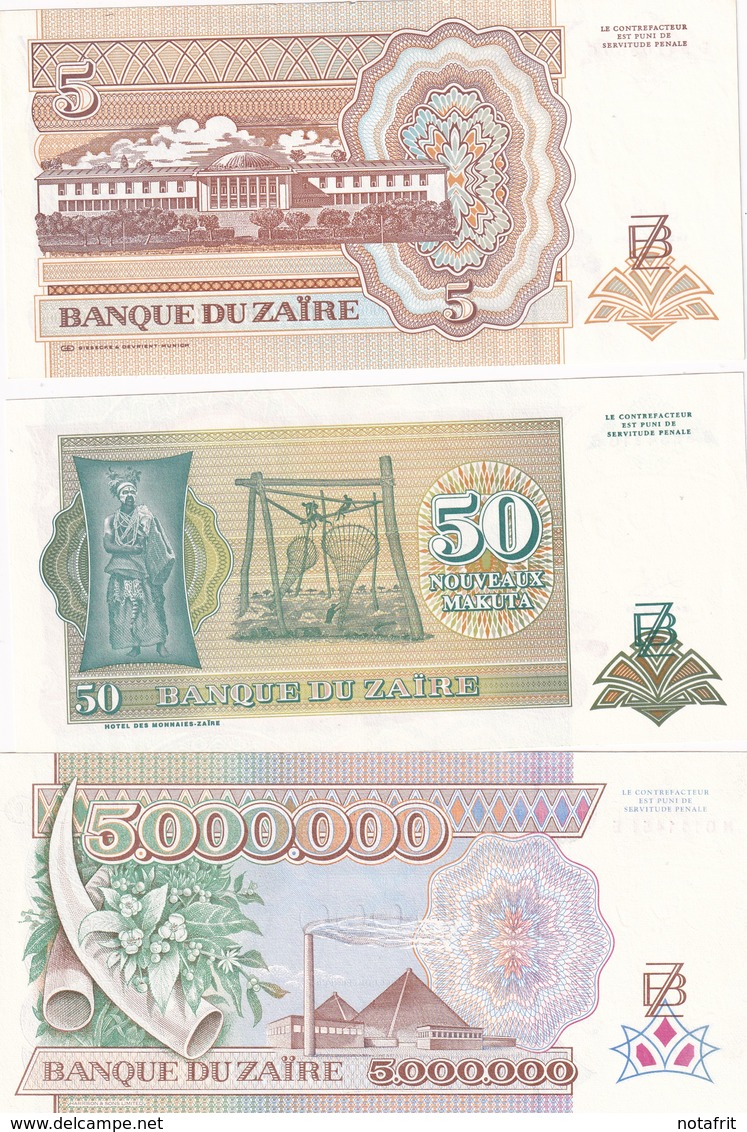 ZAire  50 Makuta 1993, 5 Z 1993  + 5 Millions 1992 All Und - Autres - Afrique