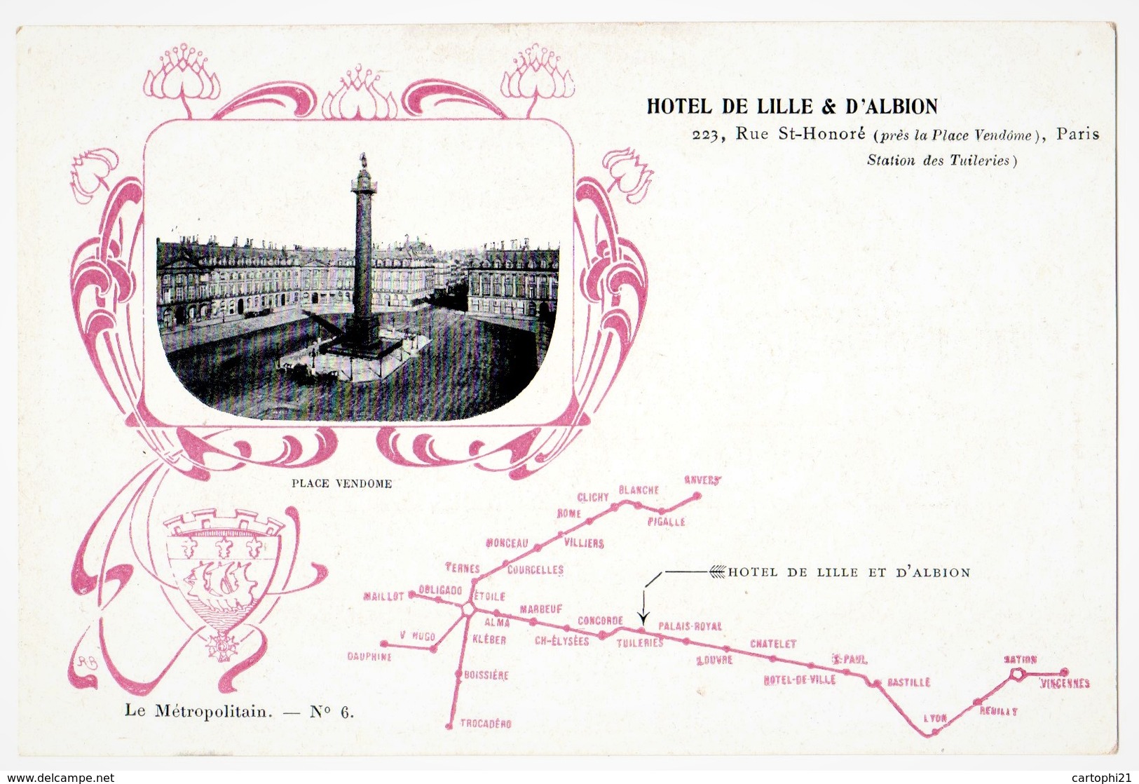 CPA PARIS 1e Plan Du Métro GUIMARD Le Métropolitain N°6 HOTEL DE LILLE & D'ALBION 223 Rue St Honoré Paris Pl. Vendôme - Arrondissement: 01