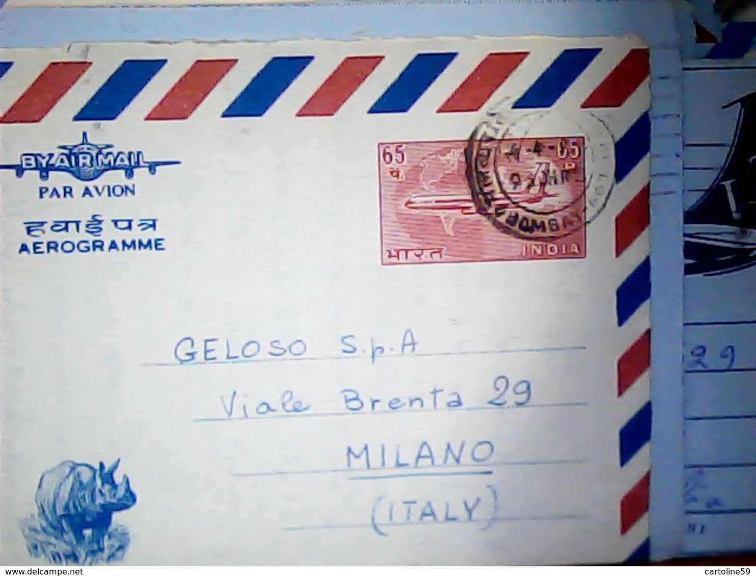 INDIA Aerogramme Aerogram 1967 Stationery 65P RINOCERONTE . Abroad  SEND TO  ITALIA HK4797 - Aerogrammi