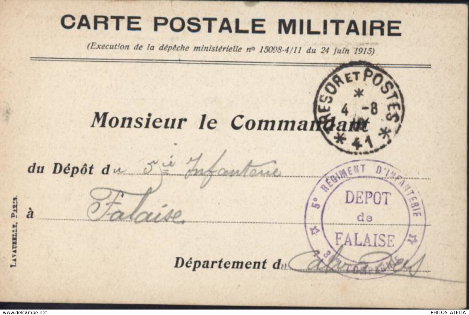 Guerre 14 CP Militaire CAD Trésor Et Postes SP 41 4 8 16 Cachet 5e Régiment D'infanterie  30e Compagnie Dépôt Falaise - Guerra De 1914-18