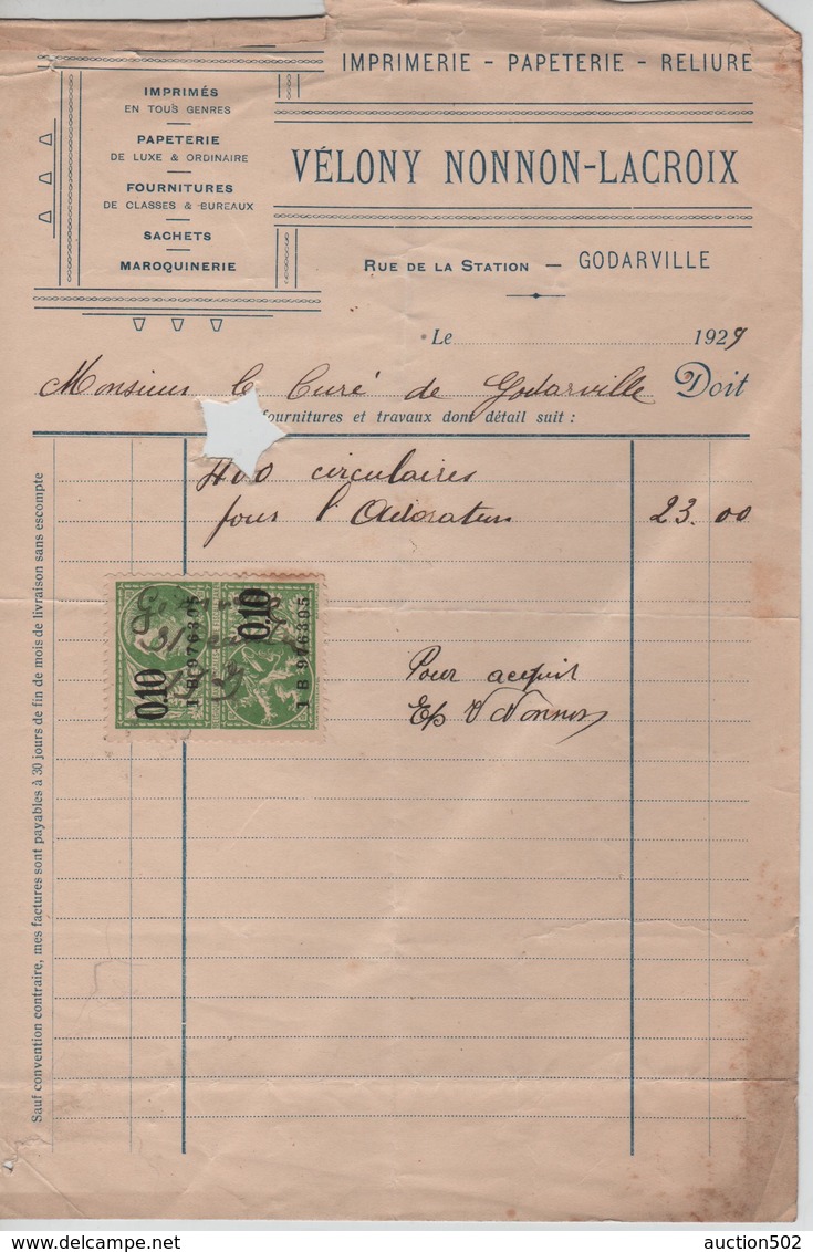 VP1/ Facture Imprimerie-Papeterie Vélony Non Non-Lacroix Godardville 1929 TP Fiscaux - Imprimerie & Papeterie