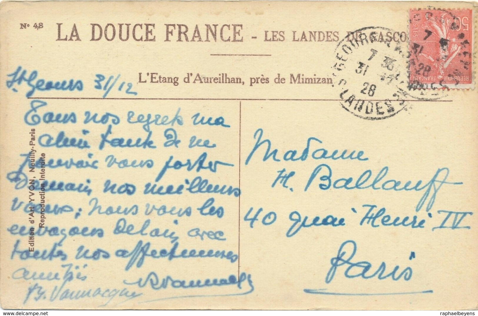 CP La Douce France Les Landes Yvon 1928 Circulée étang D'aureilhan Mimizan - Aureilhan Semeac