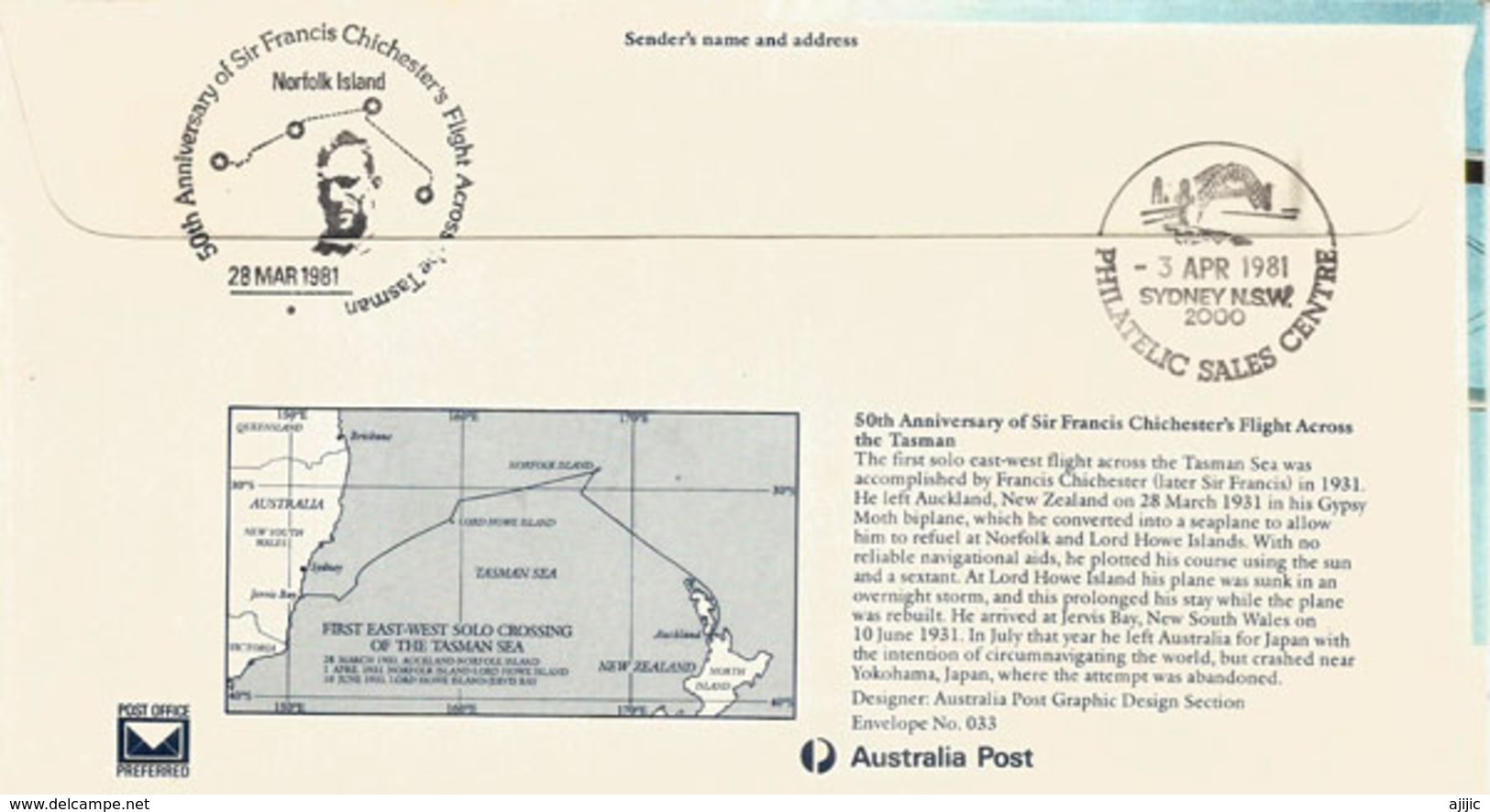First Solo Flight Accross Tasman Sea 1931.Auckland-Norfolk Isl-Lord Howe Isl-Jervis Bay.Australia,by F.Chichester - Premiers Vols