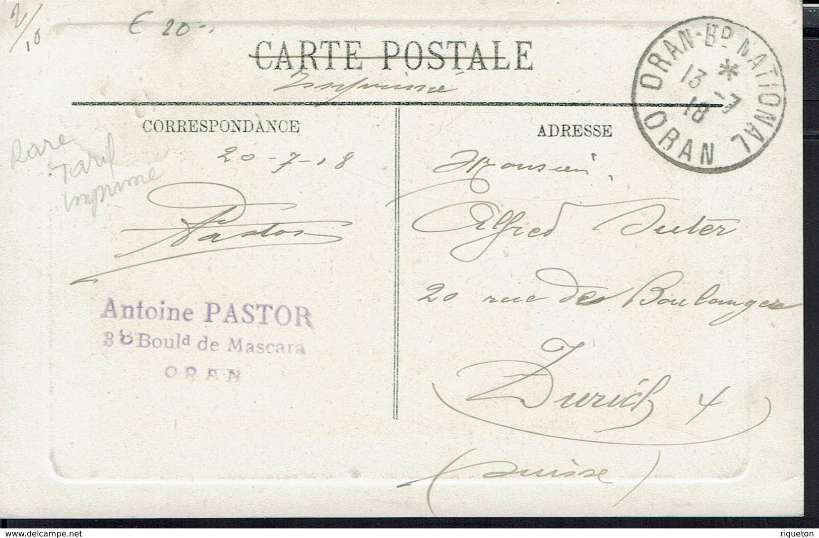 Algérie - Tarif Imprimé 3 Ct Type Blanc De Oran Pour La Suisse Sur CPA "Porteurs D'Eau" Cachets Oran Nation 13-7-1918 - - Lettres & Documents