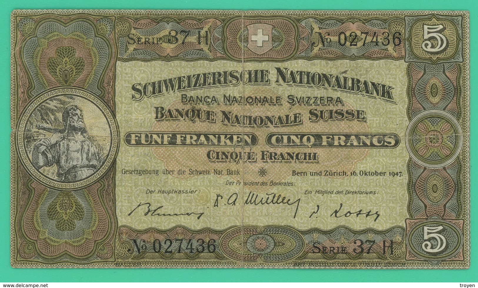 5 Francs - Suisse - Série 37H -027436 - TB + - Oct 1947 - - Suisse