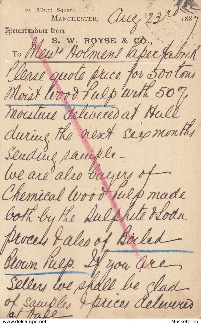 Great Britain Postal Stationery Ganzsache PRIVATE Print S. W. ROYSE & Co. No. Cds. '498' MANCHESTER 1887 DRAMMEN Norway - Covers & Documents