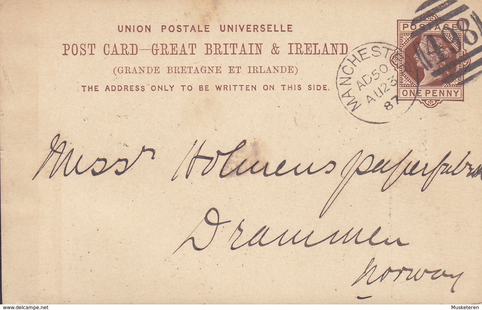 Great Britain Postal Stationery Ganzsache PRIVATE Print S. W. ROYSE & Co. No. Cds. '498' MANCHESTER 1887 DRAMMEN Norway - Cartas & Documentos