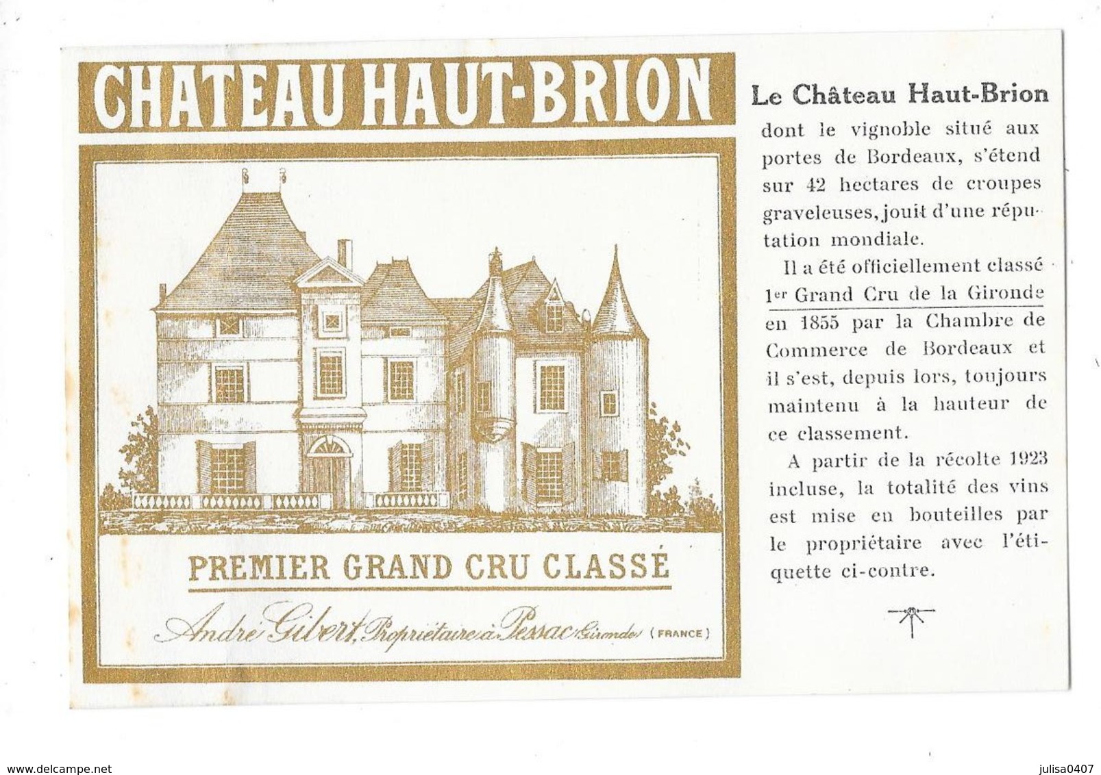 PESSAC (33) Carte Publicitaire Chateau Haut Brion Avec Illustration De L'étiquette - Pessac