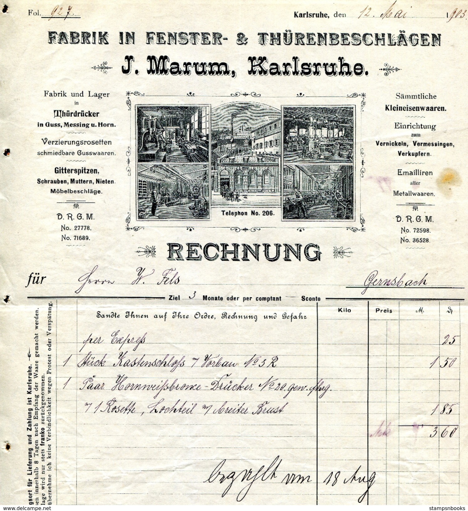 1903 Germany Marum, Karlsruhe, Fabrik In Fenster & Thurensbeschlagen Decorative Invoice - 1900 – 1949