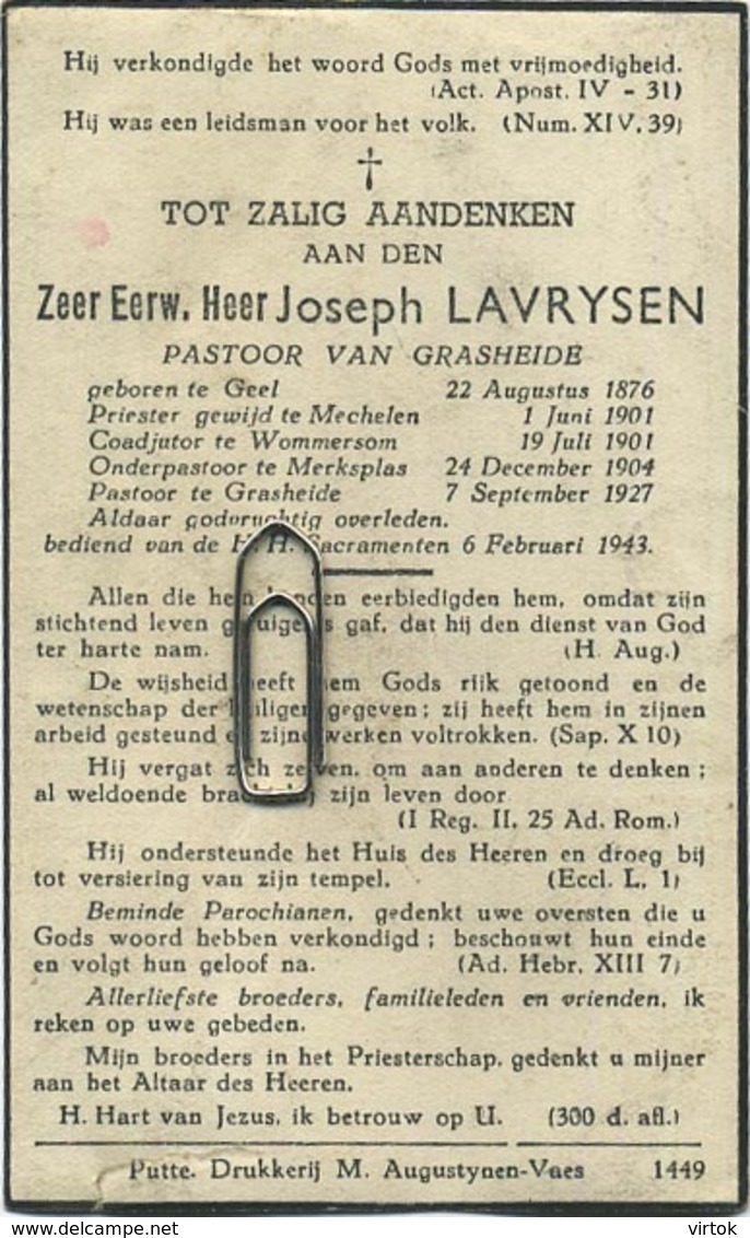 Zeer Eerw. Heer Joseph Lavrysen : Pastoor GRASHEIDE - PUTTE ( Geboren GEEL 1876 )    ( Voir Scans ) - Images Religieuses