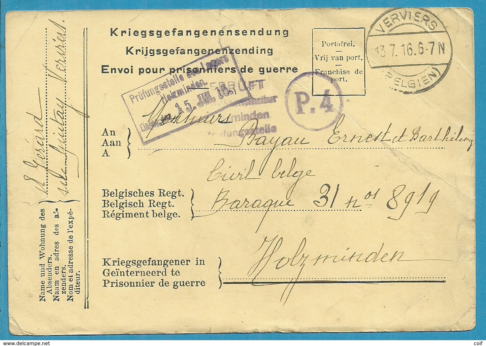 Kriegsgefangenensendung Met Stempel VERVIERS Naar "Civil Belge HOLZMINDEN" + GEPRUFT  (VK) - Prisoners