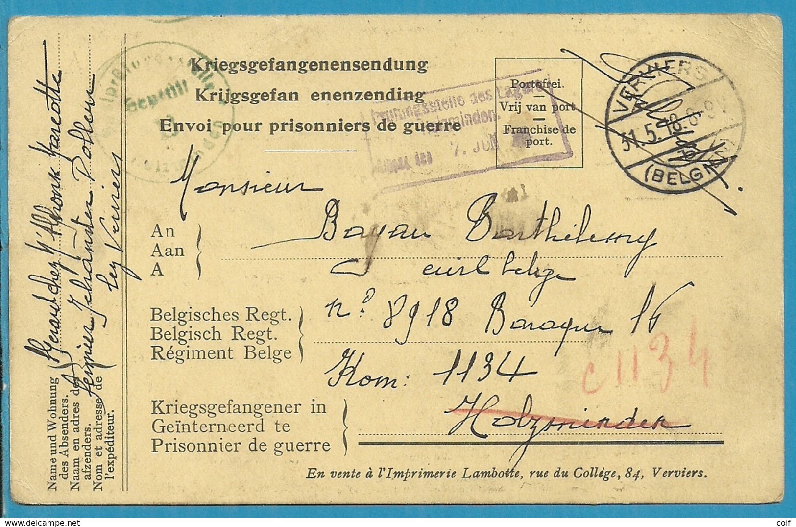 Kriegsgefangenensendung Met Stempel VERVIERS Naar "Civil Belge HOLZMINDEN" + GEPRUFT  (VK) - Krijgsgevangenen