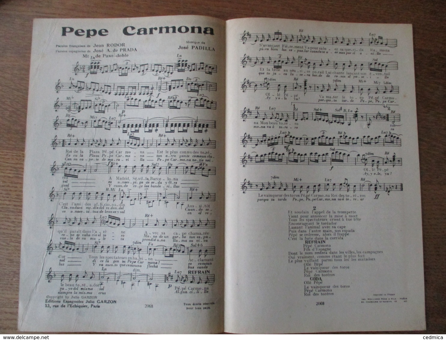 PEPE CARMONA  PAROLES ESPAGNOLES DE JOSE ANDRES DE PRADA PAROLES FRANCAISES JEAN RODOR MUSIQUE DE JOSE PADILLA - Partitions Musicales Anciennes