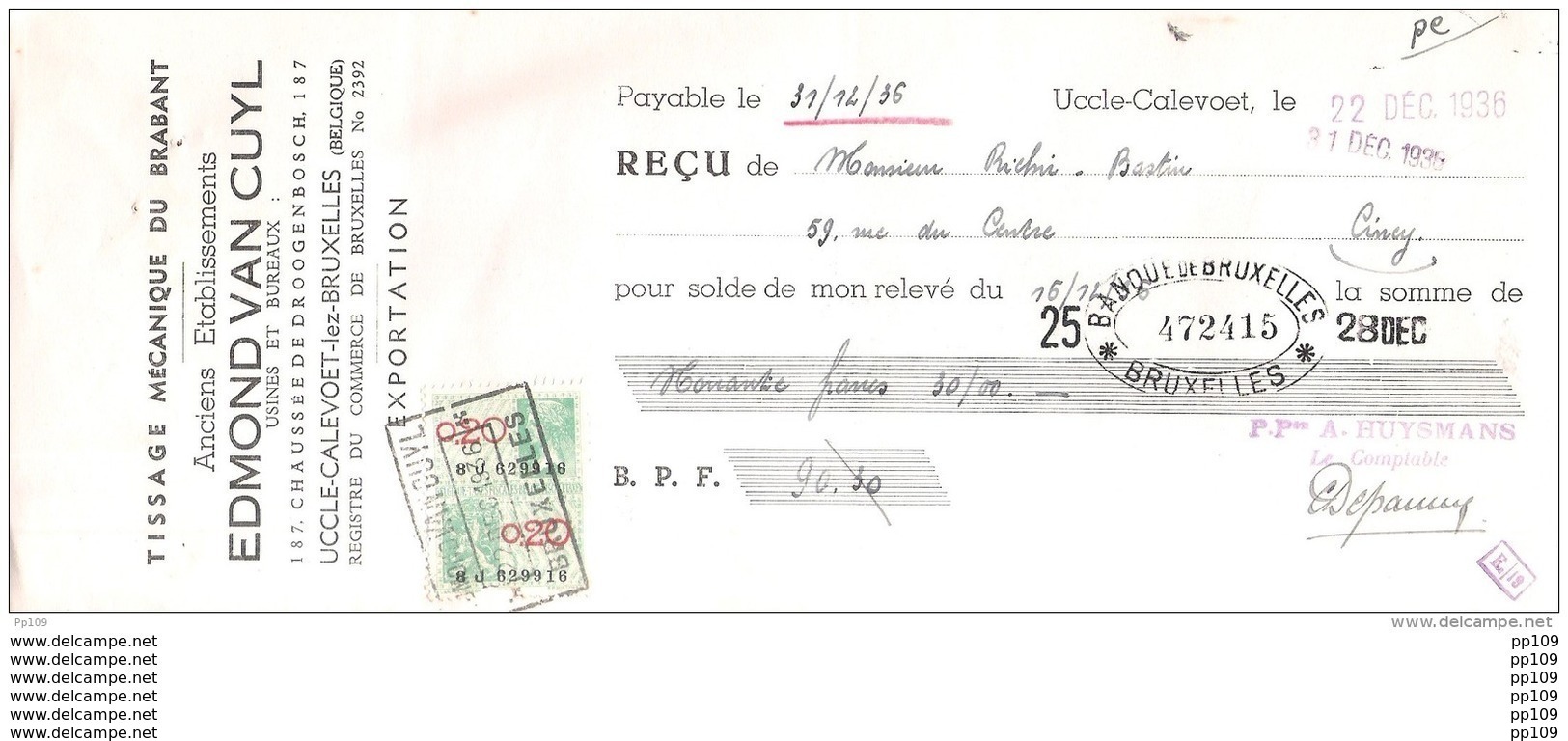 Mandat Pub  Tissage Mécanique EDMOND VAN CUYL 187 Chaussée De Droogenbosch  UCCLE CALEVOET  1936  +  Timbre Fiscal - Documents