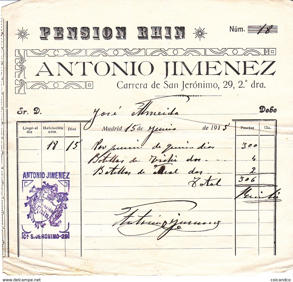 Facture Hotel Pension Rhin Antonio Jimenez Carrera San Jeronimo Madrid Espagne 1918 - Espagne