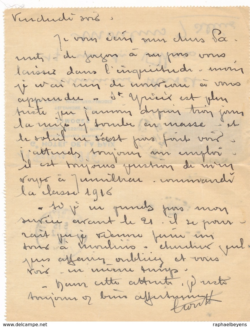 Lettre 11 Février 1916  Grand Hotel De La Paix Limoges Deux Timbres Semeuse 5 C. - Lettres & Documents