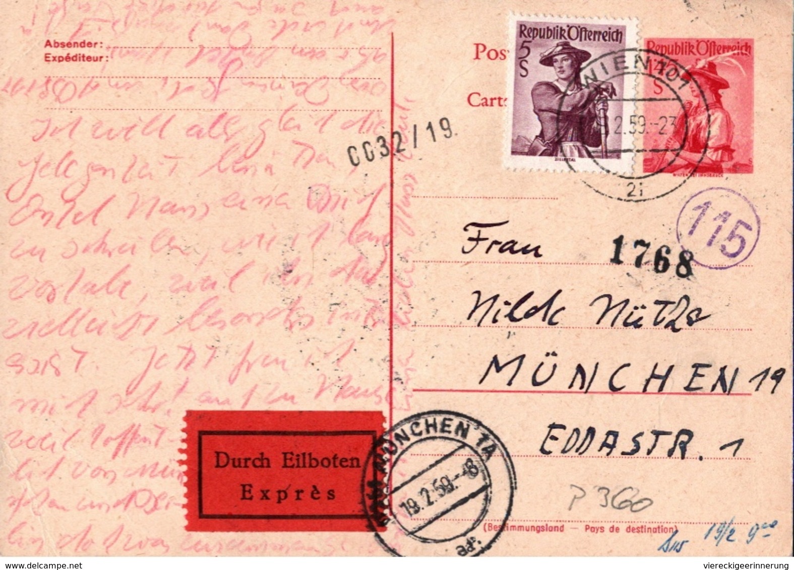 ! 1959 Eilboten Expres Ganzsache Aus Wien, Österreich Nach München - Storia Postale