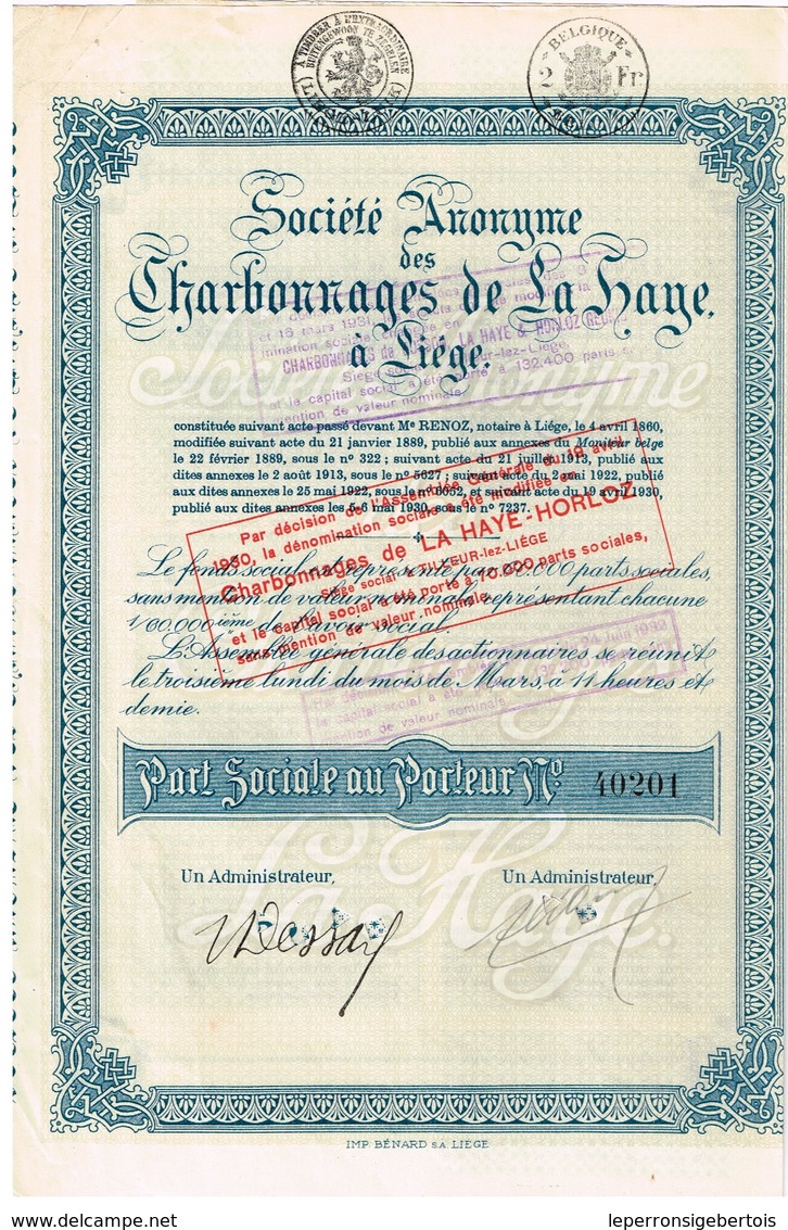 Titre Ancien - Société Anonyme Des Charbonnages De La Haye à Liège -Titre De 1930 - Mines