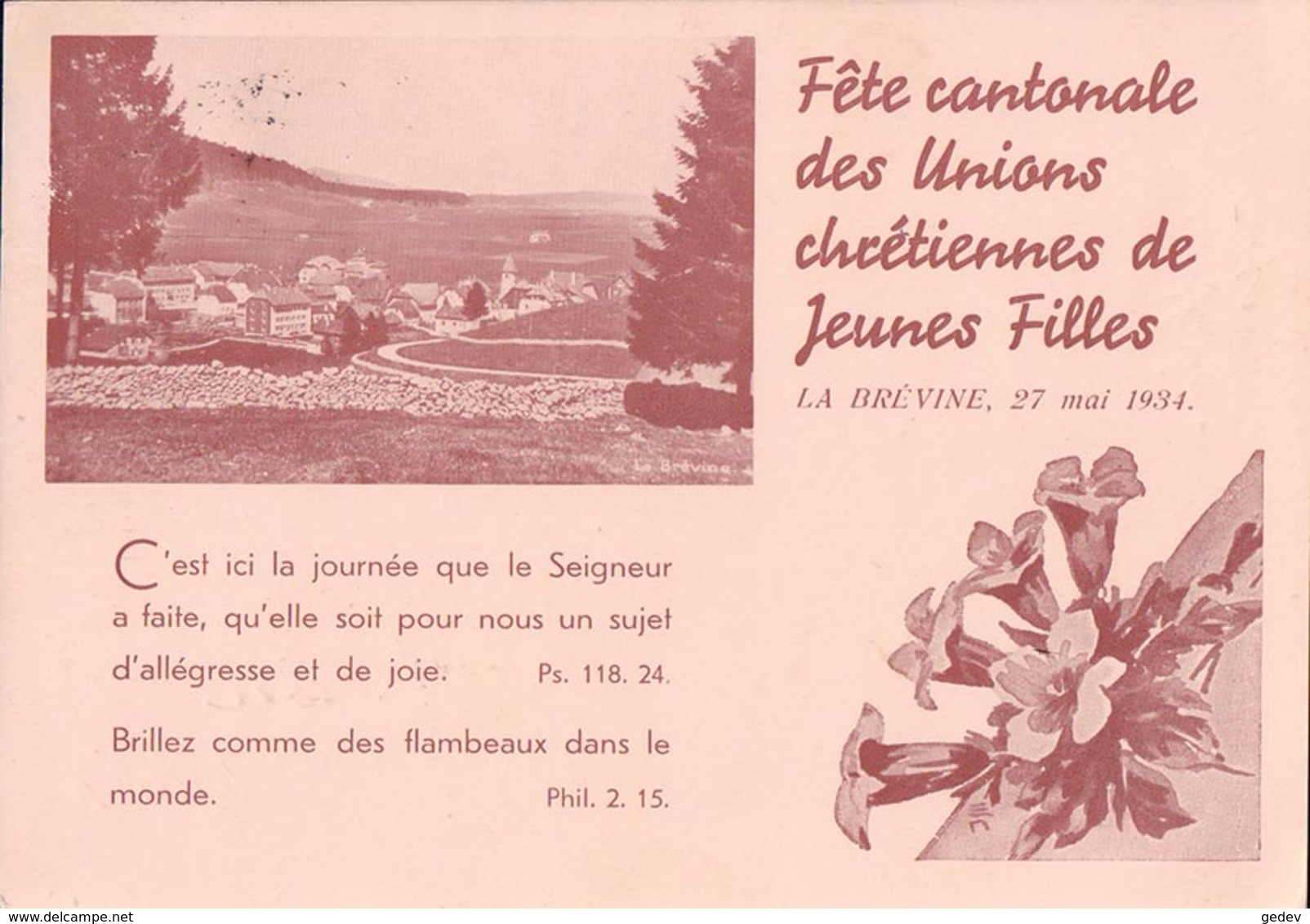 La Brévine NE 1934, Fête Cantonales Des Unions Chrétiennes De Jeunes Filles (27.5.34) 10x15 - La Brévine