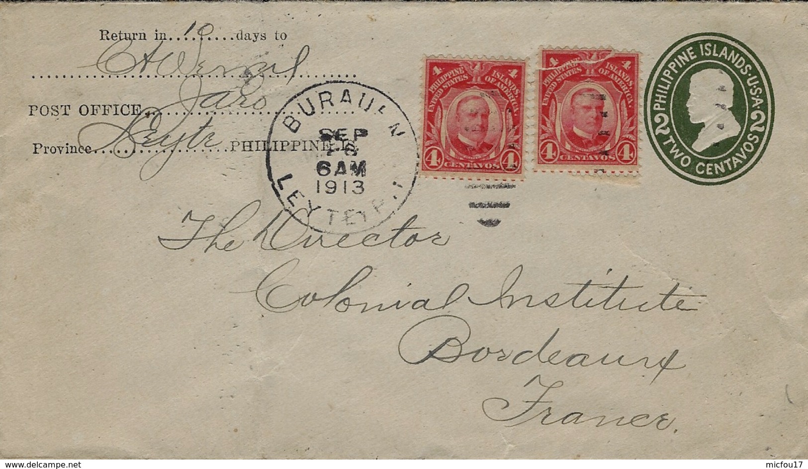 1913- Cover E P 2 Centavos + Compl. 4 C. X 2  Oblit. From LEYTE Island - Philippines