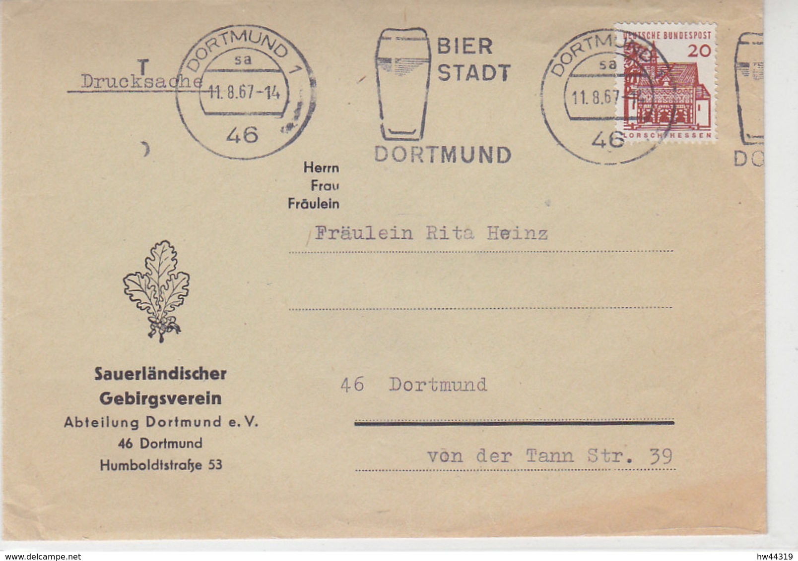 Drucksache Des SGV Abteilung Dortmund .. Aus DORTMUND 11.8.67 Mit Glas Bier Im Stempel - Briefe U. Dokumente