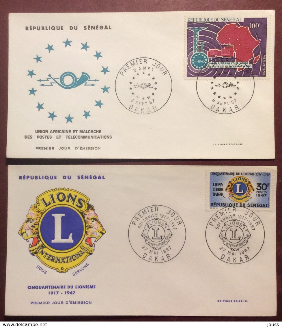 AFS38-1 Sénégal U.A.M.P.T. 100F Dakar + Cinquantenaire Lionisme Lions Club FDC Premier Jour 1967 Lot 2 Lettre - Sénégal (1960-...)