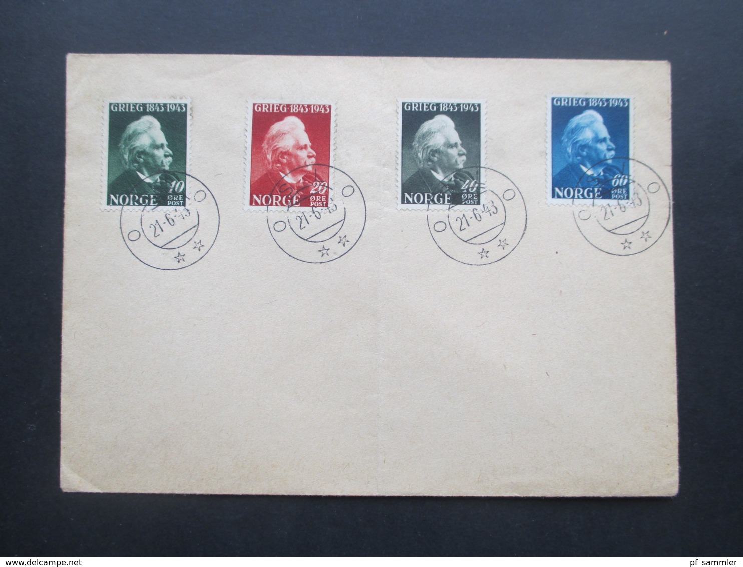 Norwegen 1943 Nr. 287/290 100. Geburtstag Von Edvard Grieg Blanko Satzbrief Sternstempel Oslo - Brieven En Documenten