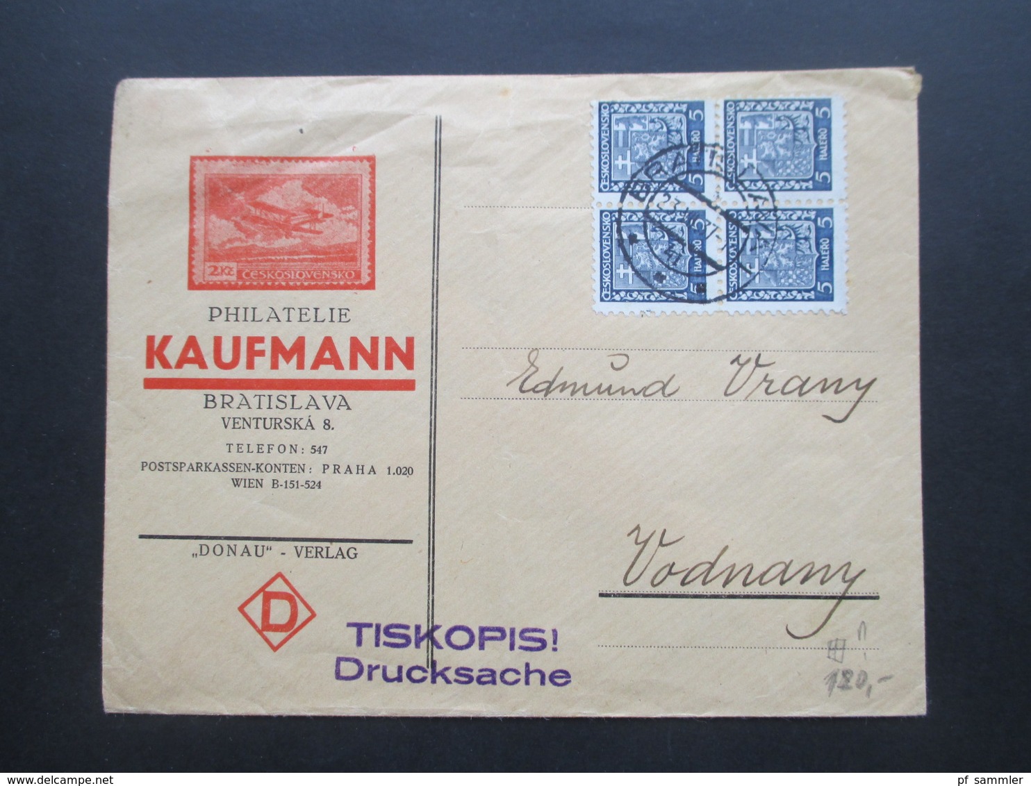 Tschechoslowakei 1937 Staatswappen Nr. 277 Als 4er Block Dekorativer Firmenumschlag Philatelie Kaufmann Bratislava - Brieven En Documenten