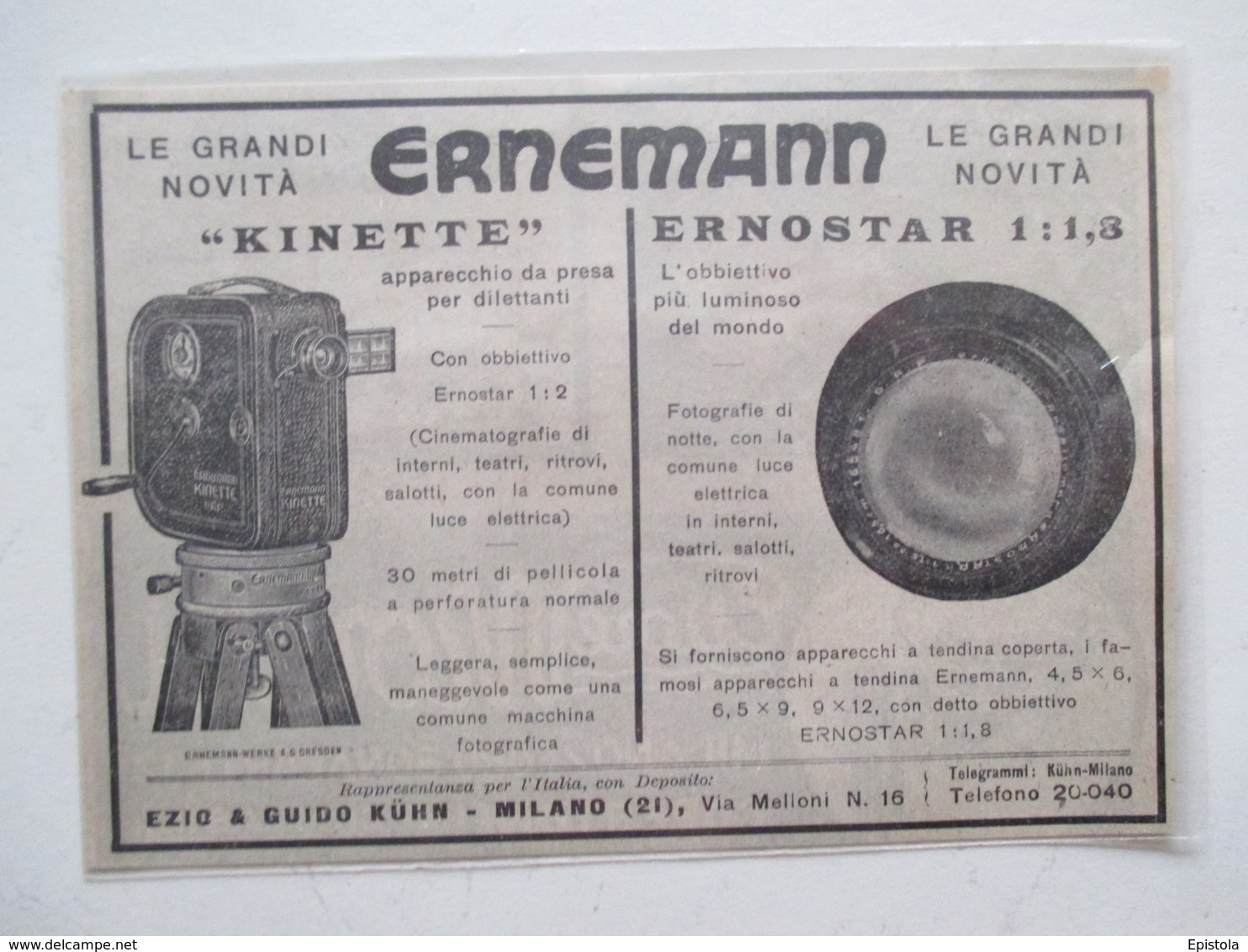 Théme Appareil Photo & Camera -  Caméra "Kinette" Pour Projecteur ERNEMANN - Ancienne Coupure De Presse De 1926 (Italie) - Film Projectors