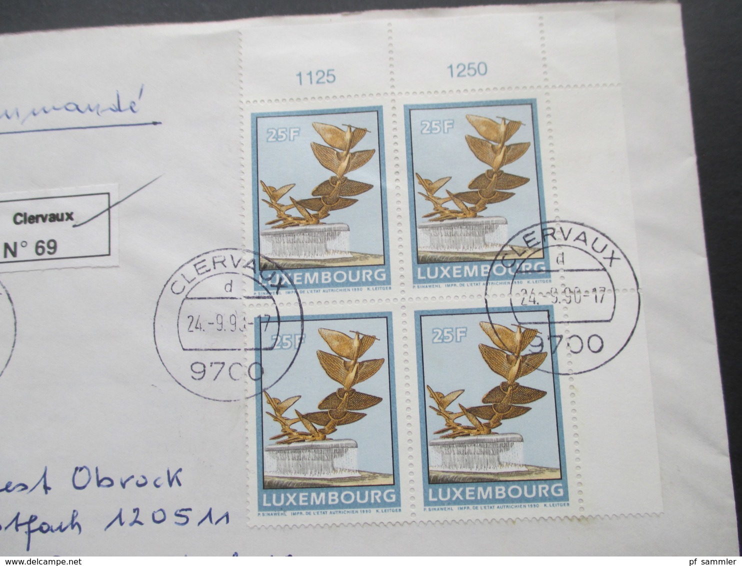 Luxemburg 1990 Springbrunnen Nr. 1249 Als Eckrand Viererblock OR Einschreiben Clervaux Nach Düsseldorf FDC - Storia Postale