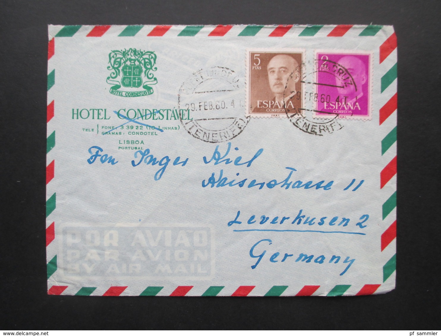 Spanien 1960 Hotelumschlag Hotel Condestavel Lisboa Verwendet Auf Teneriffa Hotel Martianez Nach Leverkusen - Lettres & Documents