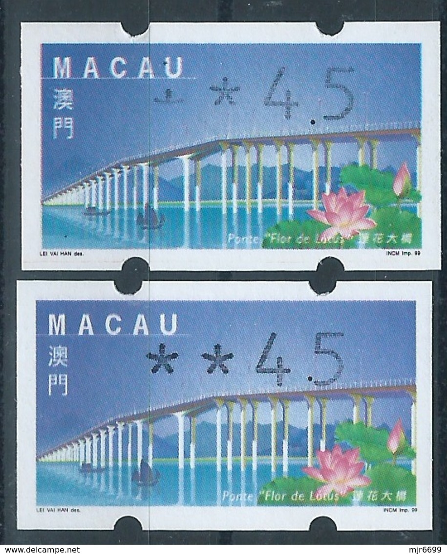 MACAU ATM LABELS, 1999 LOTUS FLOWER BRIDGE ISSUE, 4.50 PAT X 2 WITH DIFFERENT COLOR SHADE & BROKEN STAR - Automaten