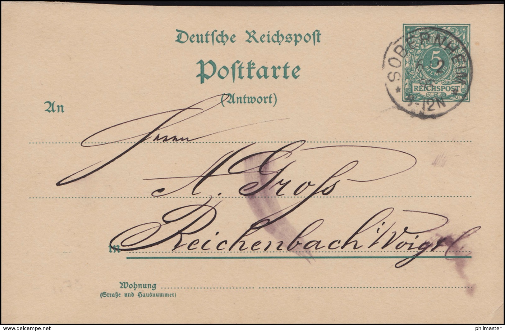 Postkarte P 32I Ziffer 5 Pf. Ohne  DV Von SOBERNHEIM 6.2.93 Nach Reichenbach/V. - Sonstige & Ohne Zuordnung