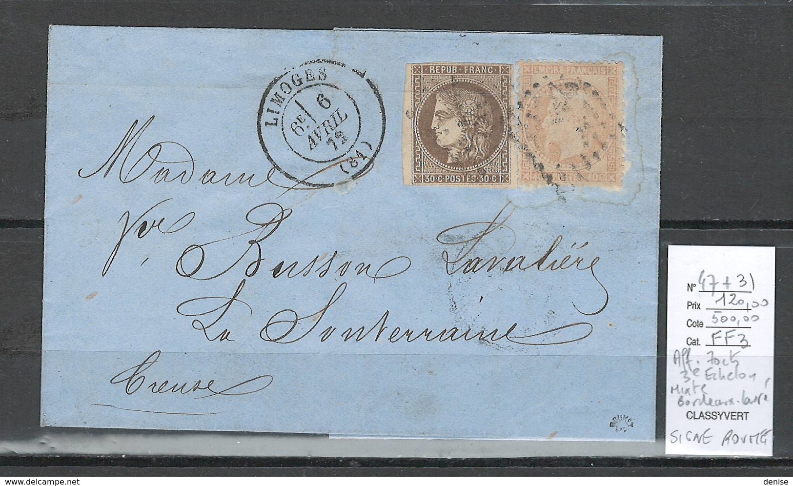 France -Lettre Affranchissement Mixte Bordeaux - Lauré - Limoges 1872- SIGNE ROUMET - 1849-1876: Période Classique