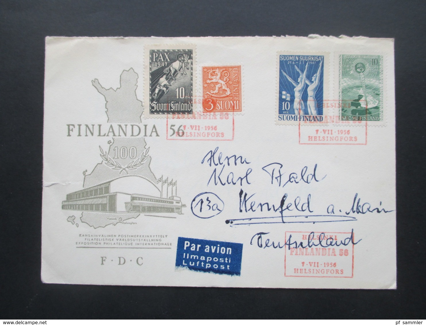 Finnland 1947 / Verwendet 1956 Umschlag Finlandia 56 Und Roter SST Ra 4 Helsinki Finlandia 56 Als Luftpost Nach Deutschl - Brieven En Documenten