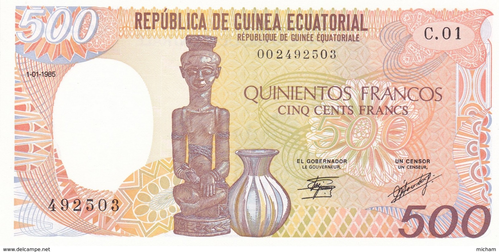 Billet  Guinée Equatoriale  500 Francs  - 1 - 01 - 1985 -  492503 -  C . 01  Etat Neuf - Equatoriaal-Guinea