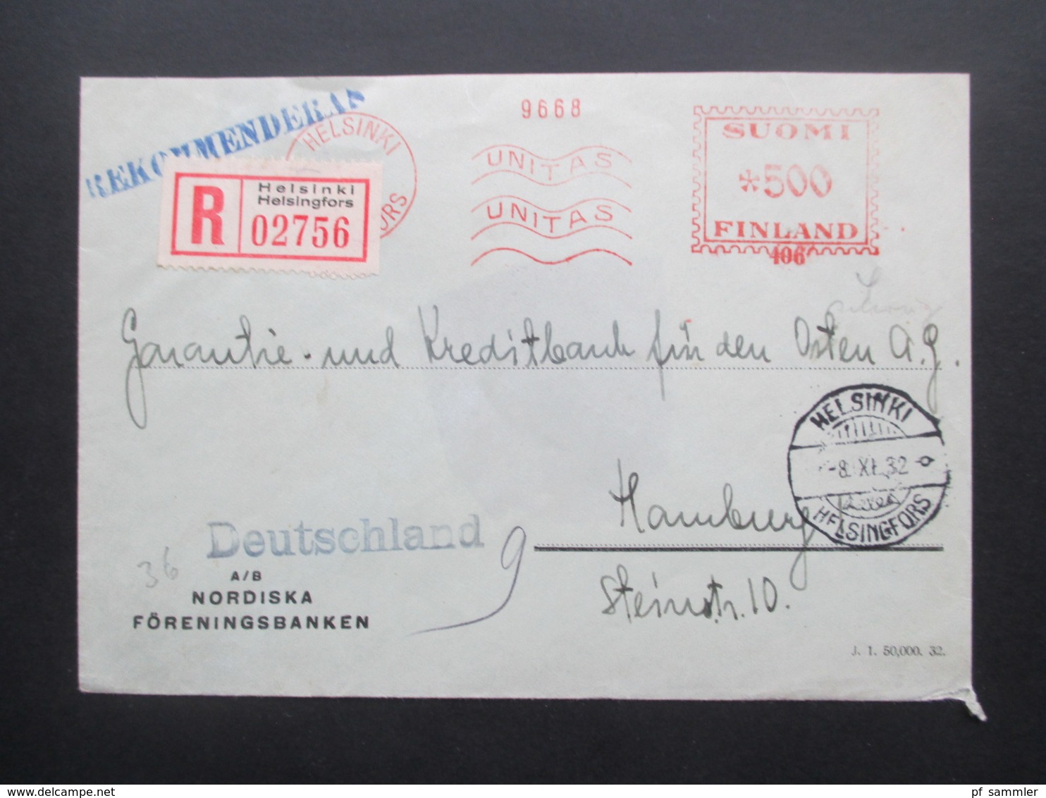 Finnland 1932 Freistempel Einschreiben Helsinki Helsingfors Nach Hamburg Mit Ak Stempel Hamburg 1 Einschreibzustellung - Brieven En Documenten