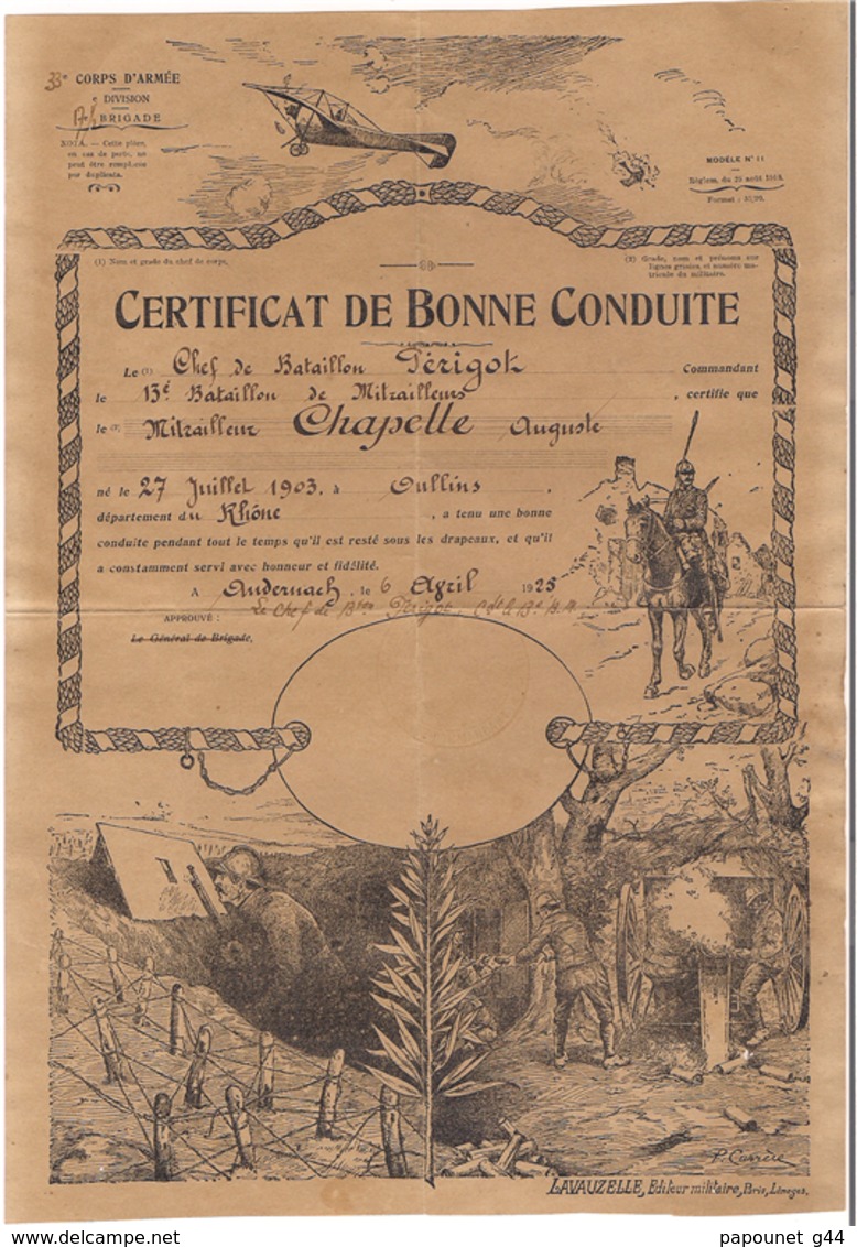 Diplôme : Certificat De Bonne Conduite 1925 ( 13ème Bataillon De Mitrailleurs ) - Diplômes & Bulletins Scolaires