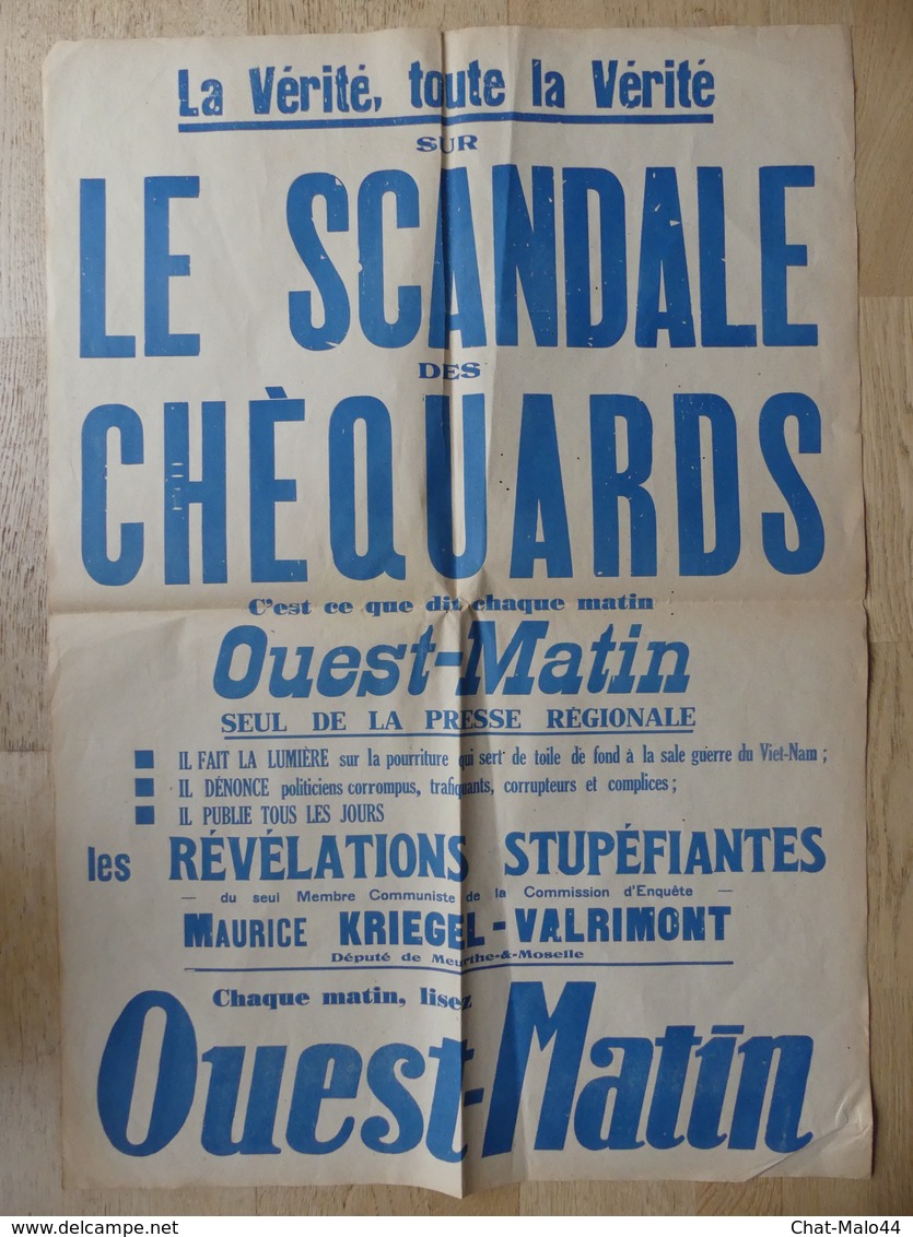 Affiche Ouest-Matin. La Vérité, Toute La Vérité Sur Le Scandale Des Chèquards. Affiche Originale Non Datée (Années 50) - Manifesti