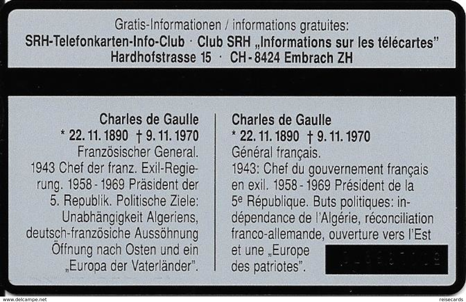 Switzerland: PTT KP-93/187O 501L SRH-Telefonkarten-Info-Club - Charles De Gaulle - Svizzera