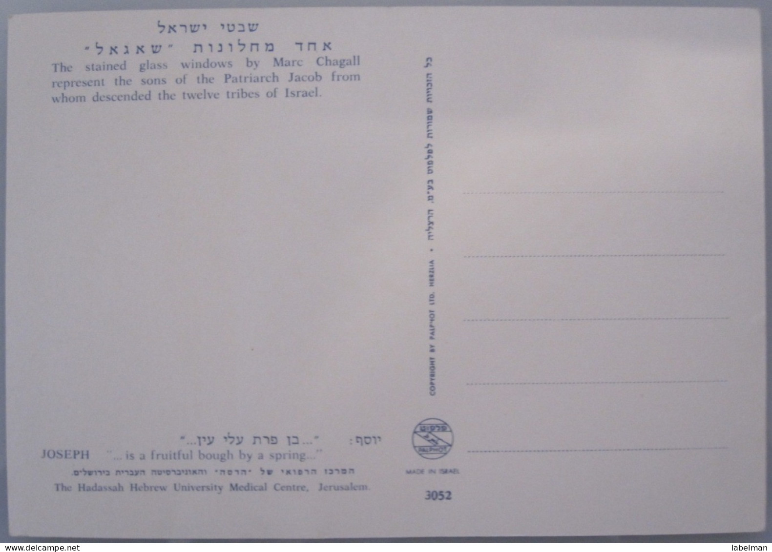 ISRAEL JERUSALEM HEBREW UNIVERSITY SYNAGOGUE HADASSAH CAMPUS SHAGAL WINDOW POSTCARD CARTE POSTALE POSTKARTE CARTOLINA CP - Israel