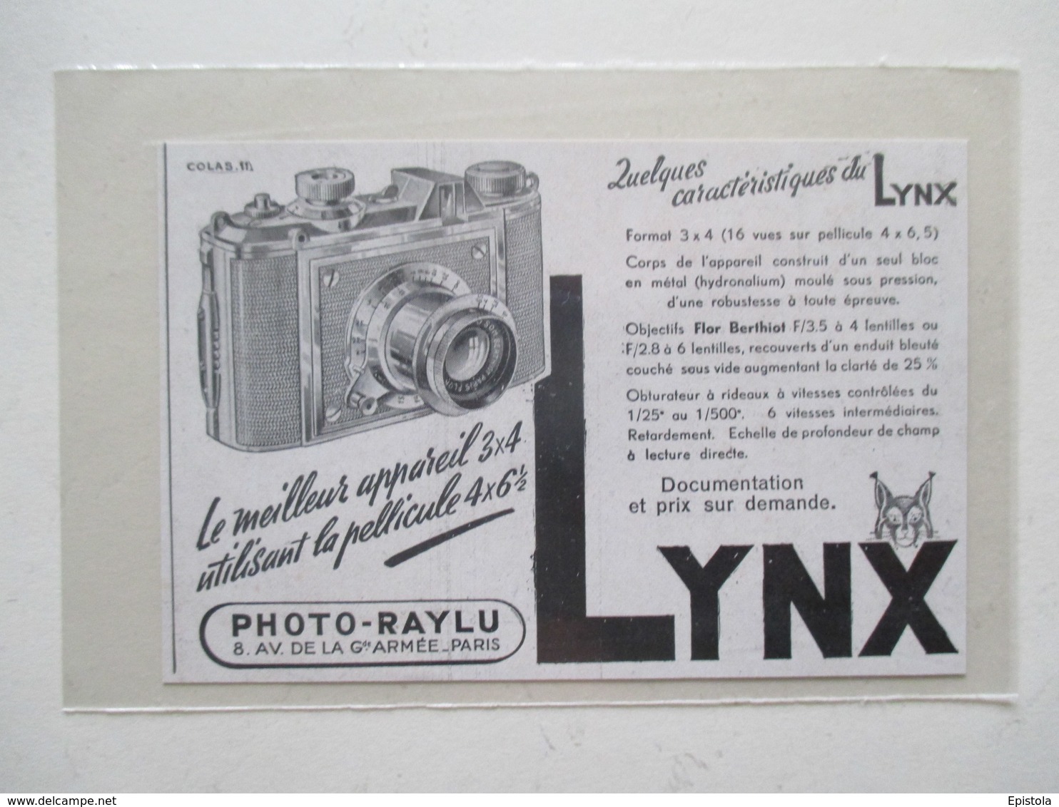 Théme Appareil Photo & Camera - Modèle LYNX Objectif Flor Berthiot   - Ancienne Coupure De Presse - Fototoestellen