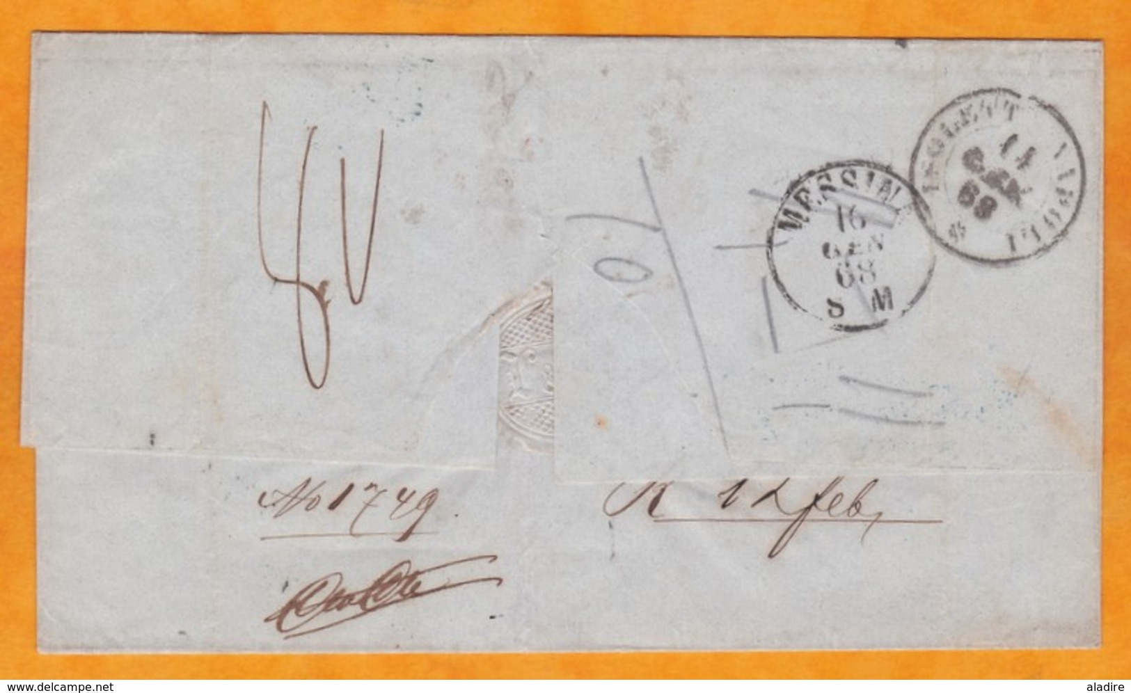 1868 - enveloppe pliée d' Amsterdam, Pays Bas via la France vers Messina, Sicile - cad transit et arrivée